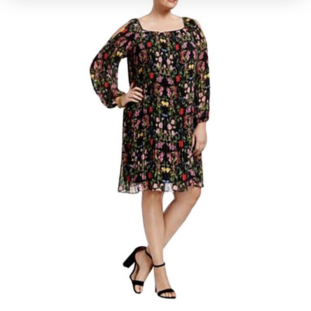 INC Concepts Size L Black Twisted Garden Floral Cold Shoulder Swing Dress NWT